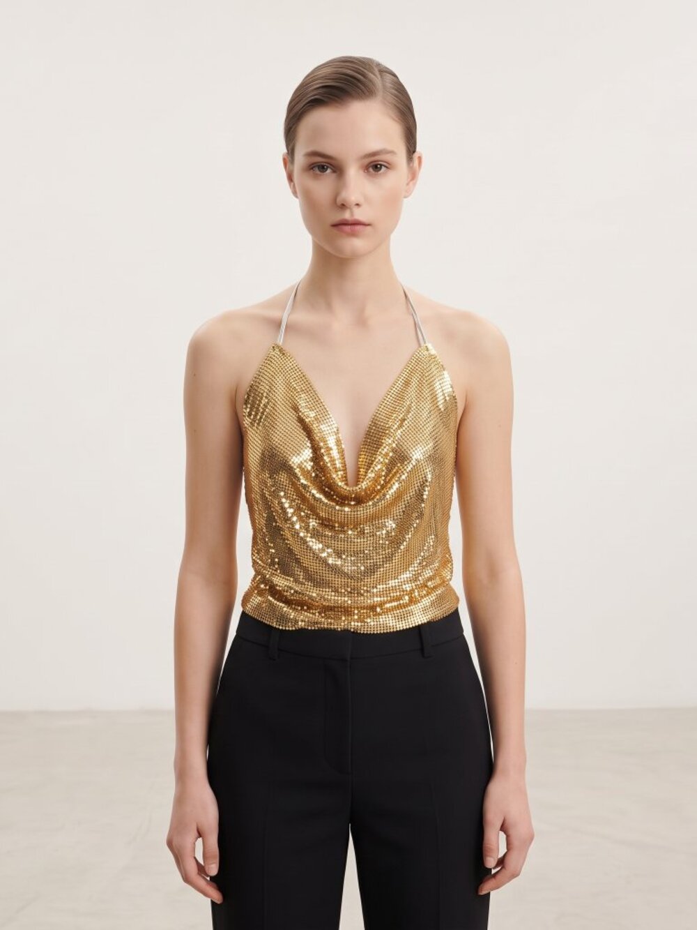 Vintage Whiting & Davis gold Mesh metal tie halter top with leather ties